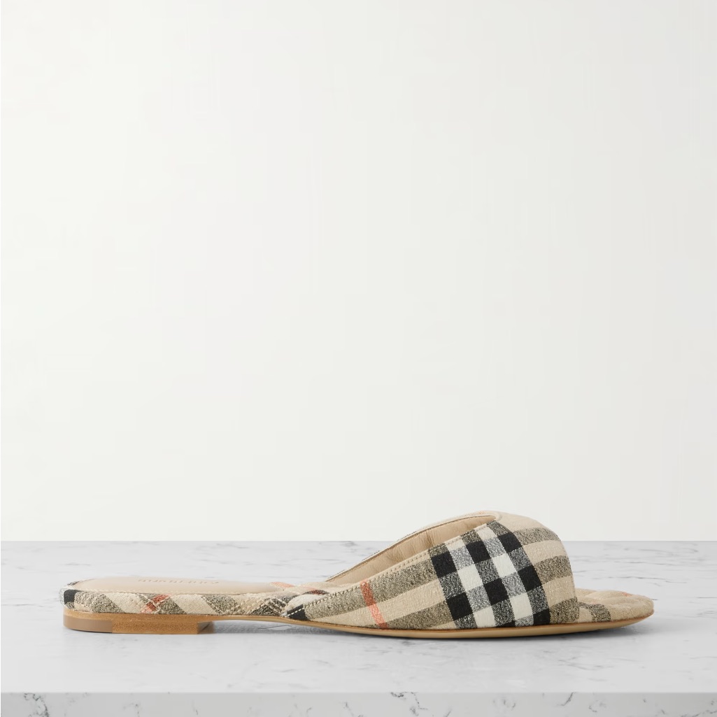 Burberry Beige Check With Black Accents Checked Stretch-Linen Mew Slides